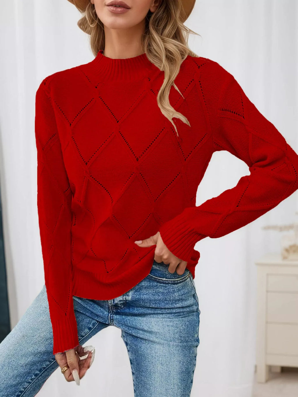 Long Sleeve Diamond Eyelet Knit Top